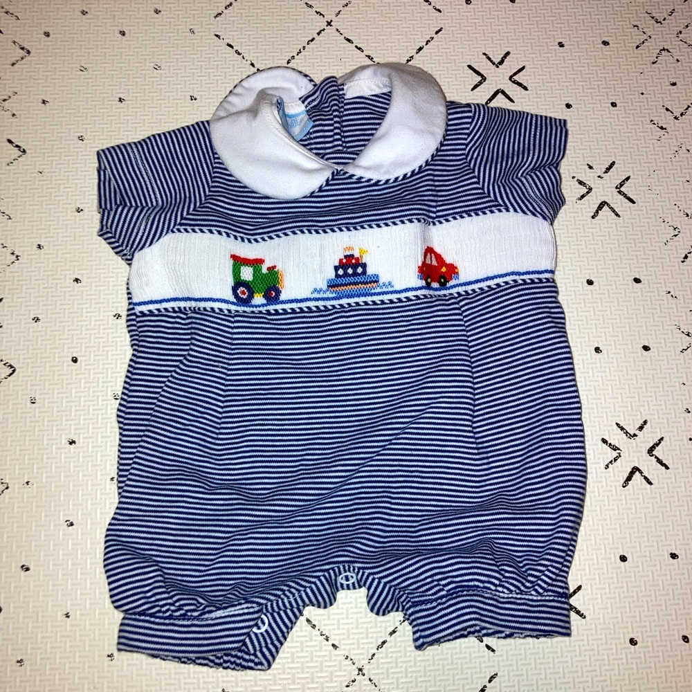 Petit Bebe short romper with car smocking